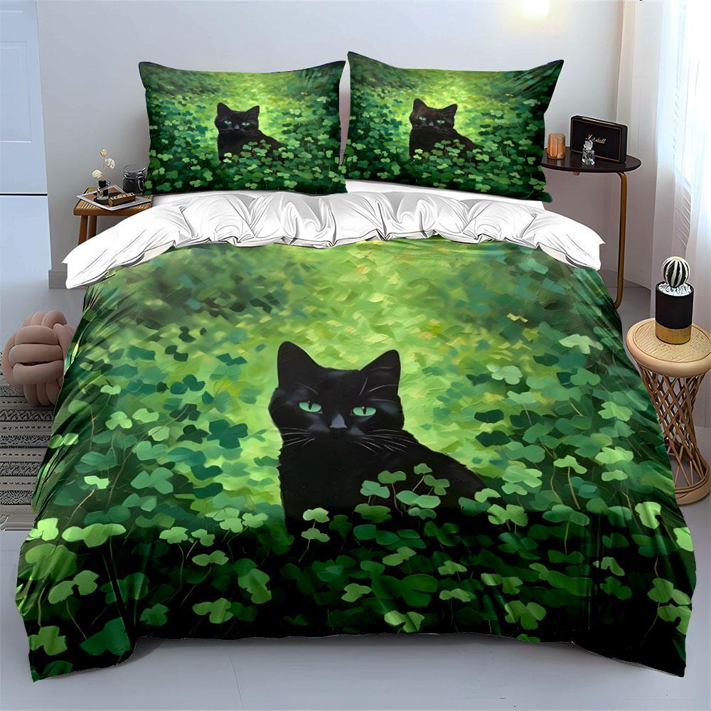 Black Cat in Clover Field Bedding Duvet Cover Set  (1*Duvet Cover 2*Pillowcases, without duvet insert)