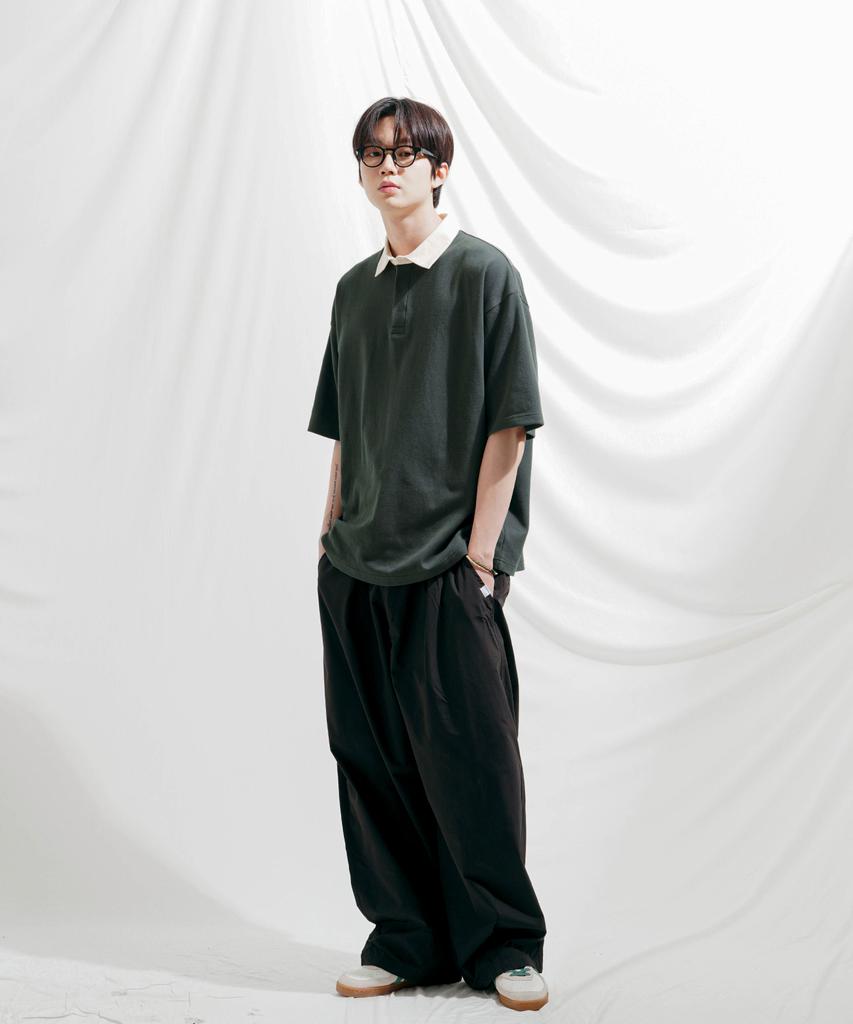 JEMUT Work Oversized Collared Short Sleeve T-Shirt Ash Khaki Sost2568