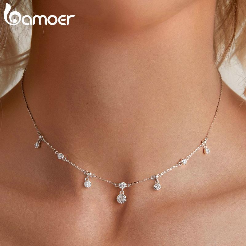 BAMOER, стерлинговое серебро 925 пробы, штабелируемое ожерелье на ключицу, сверкающая циркониевая цепочка на шею для женщин, ювелирные изделия с платиновым покрытием