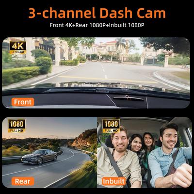3-канальная 4K видеорегистратор передний и задний салонный, 4K+1080P+1080P Широкоугольный 170° WDR Ночное видение Мини 3-канальный видеорегистратор с приложением, G-сенсор-Подарок