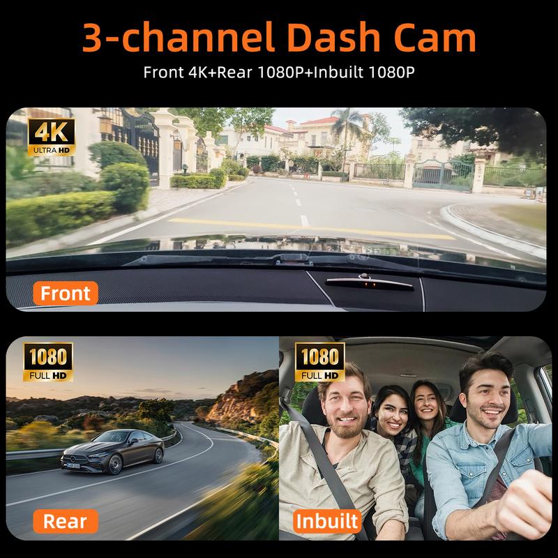 3-канальная 4K видеорегистратор передний и задний салонный, 4K+1080P+1080P Широкоугольный 170° WDR Ночное видение Мини 3-канальный видеорегистратор с приложением, G-сенсор-Подарок