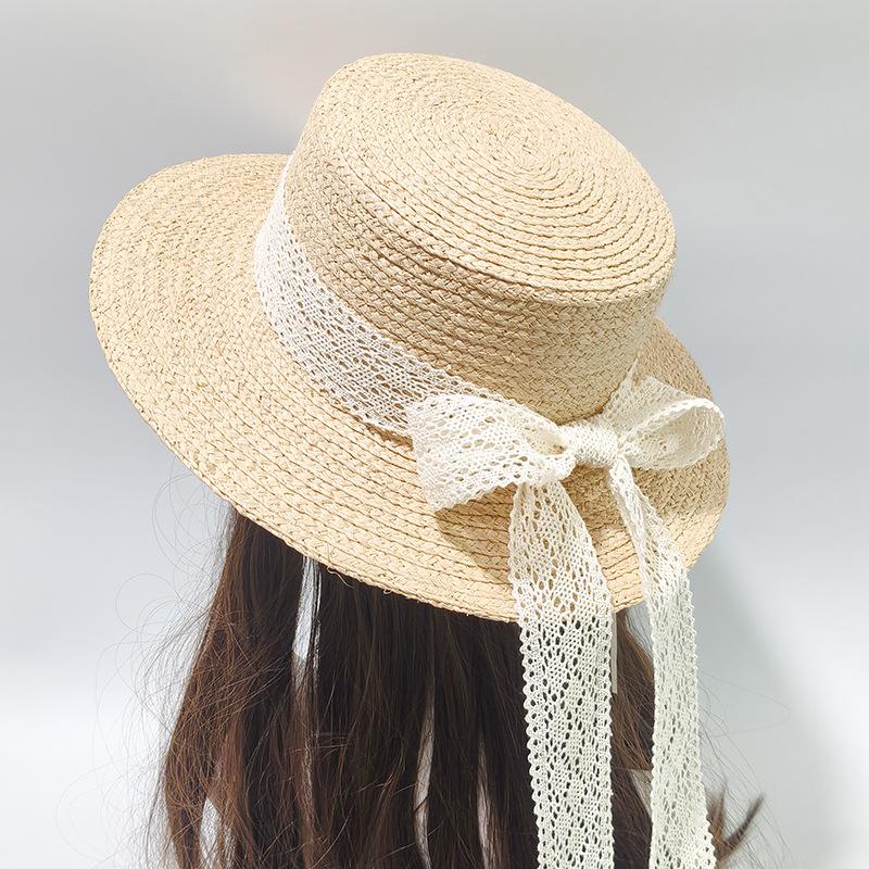 Lace bow streamer beach straw hat women's summer sunshade sun protection raffia flat top hat seaside vacation sun hat