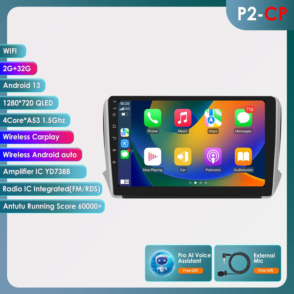 Автомобильный мультимедийный плеер Carplay 2 Din Android 12 для Peugeot 208 2008 Series 2012-2018 навигация GPS Авторадио Стерео DSP BT SWC DVR Cam Bluetooth DAB
