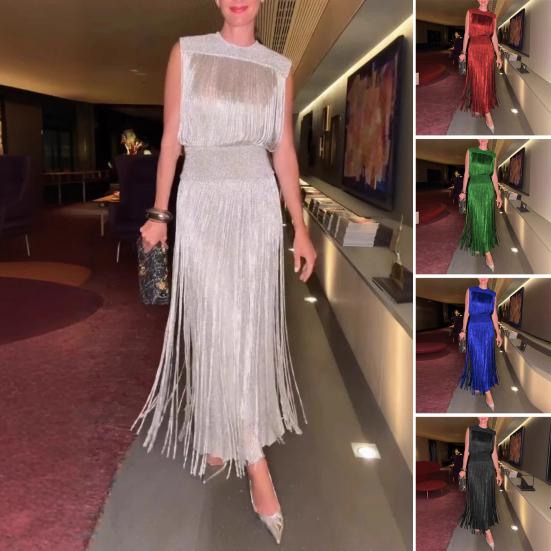 Evening Dress Multi Tassel Slim Waist Sleeveless Maxi Dress Round Neck Pure Color Ball Gown Slim Fit Dress for Office Parties Weddings