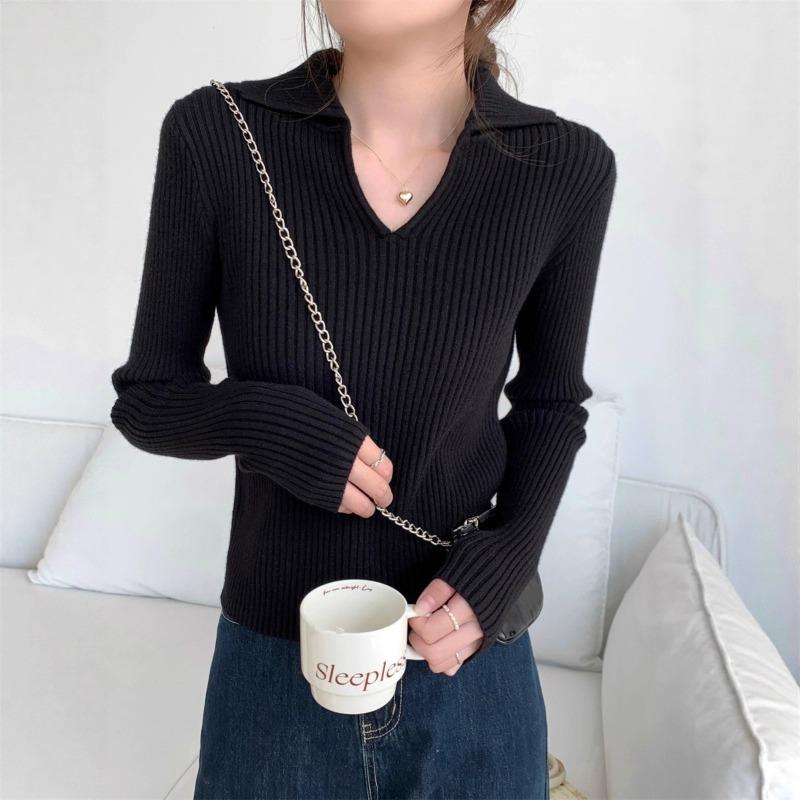 Polo Collar Long-sleeved Knitted Sweater Women's Clothing Early Autumn New Waist Slim-fit Sweater with Bottoming Shirt Top