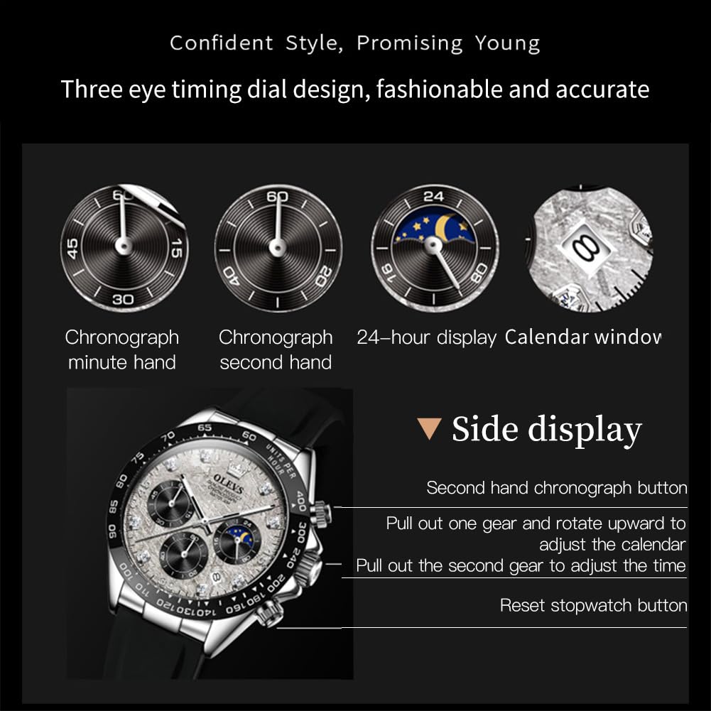 OLEVS Watch Stylish Business Watch Easy To Read Sports Popular Fashion Brand Analog Quartz Silica Gel Belt Chronograph Date Waterproof Gray Arm Watch