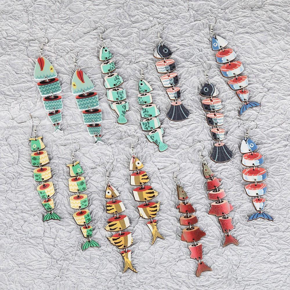 5Pairs Hook Piercing Salmon Fish Earrings Multi Segment Beach Drop Earrings Girls