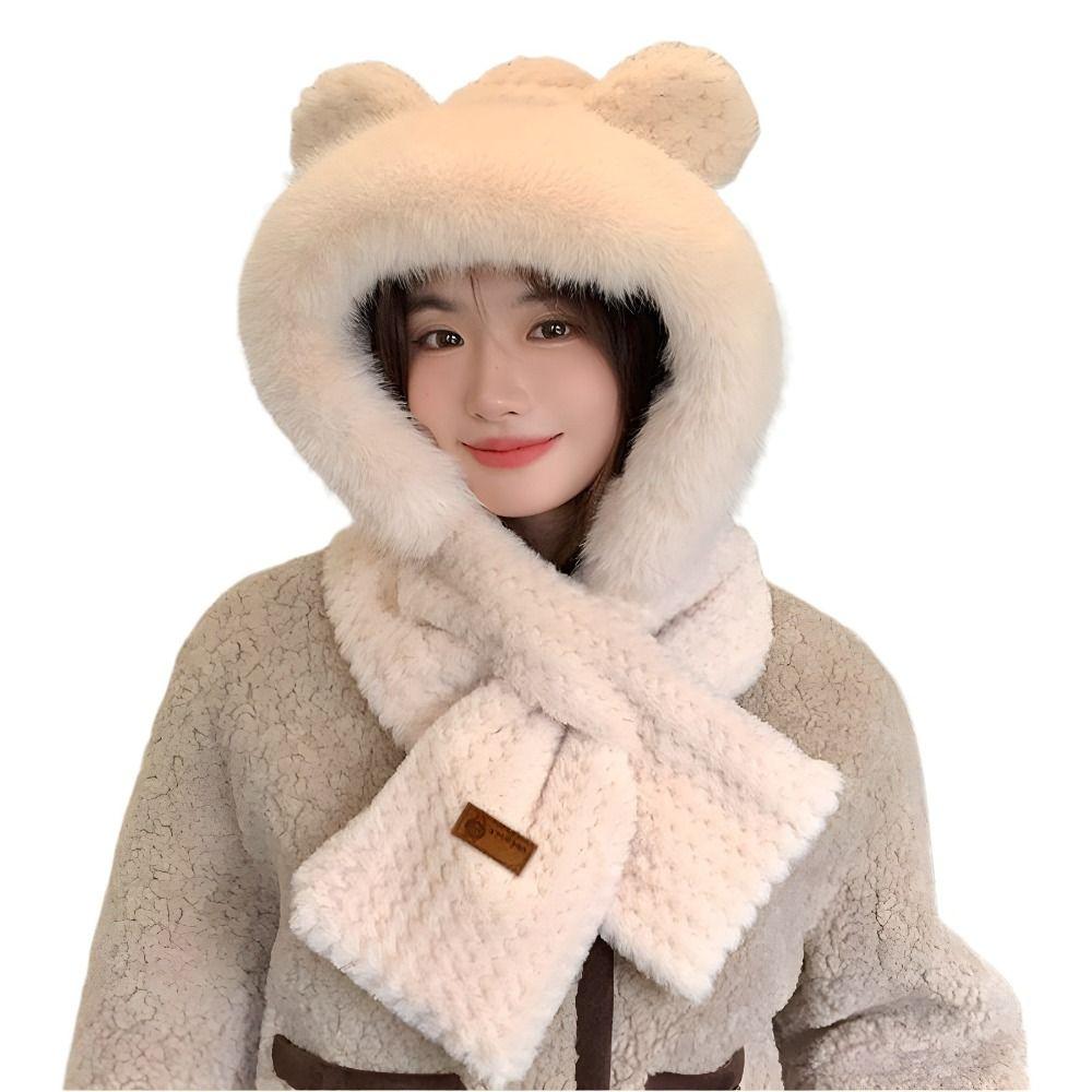 Plush Beanie Hat Scarf Thickening Neck Warmer Winter Ear Protection Cap for Women