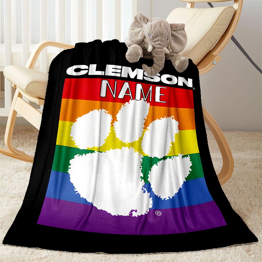 Clemson Pride Rainbow Flag Personalized Name Blanket Gift Customizable Blanket Soft Warm Cozy for Office Chair Couch Nap Picnics