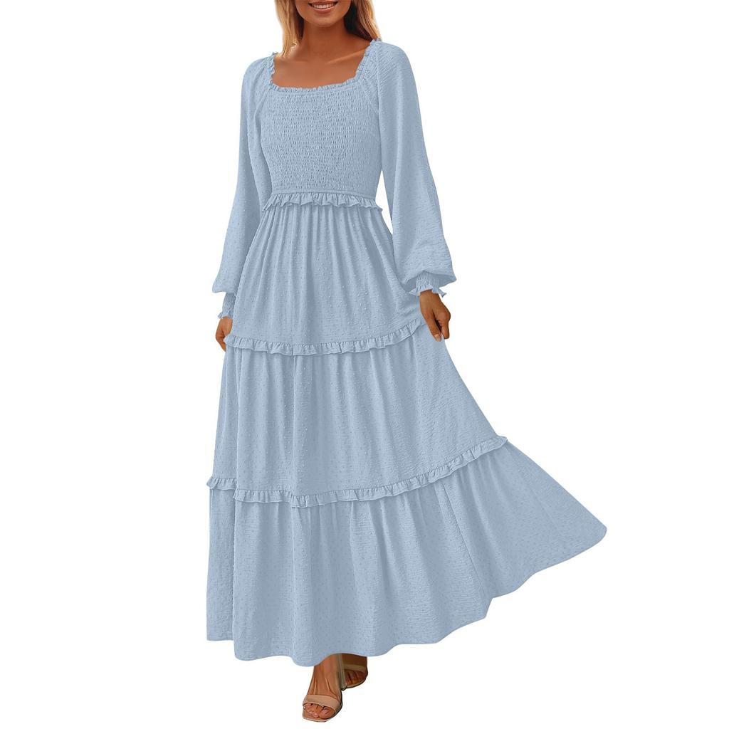 Женские повседневные платья с квадратным вырезом в горошек, многослойные, с длинным рукавом и усадочными карманами