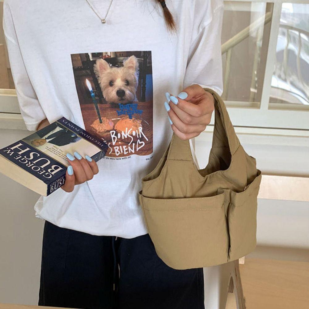 Multi-pouch Simple Commuting Tote Bag Large Capacity Solid Color Handbag Folded Bucket Bag Unisex