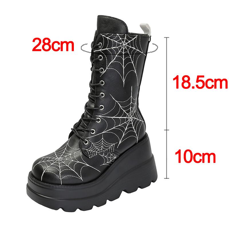 Fashion Spooky Style Chunky Platform Mid Calf Boots Women Spider Web Pattern Wedge Gothic Boots Woman Thick Sole Halloween Cosplay Shoes