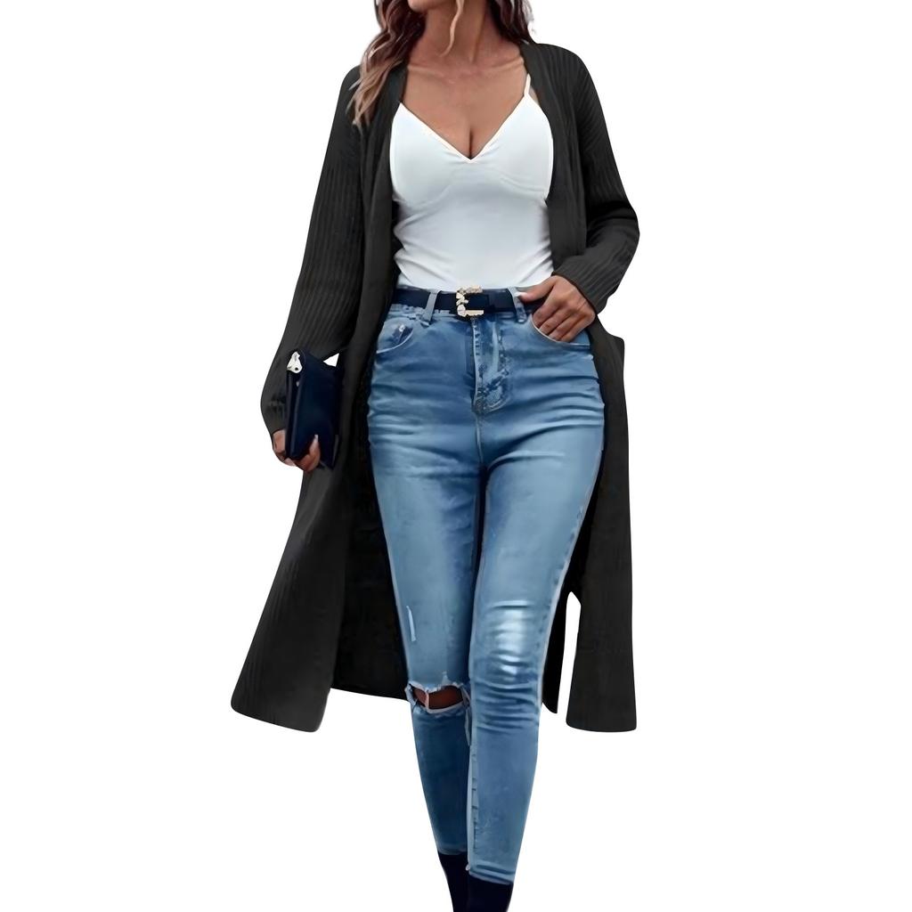 Вязаный кардиган с карманами, длинный однотонный женский свободный свитер