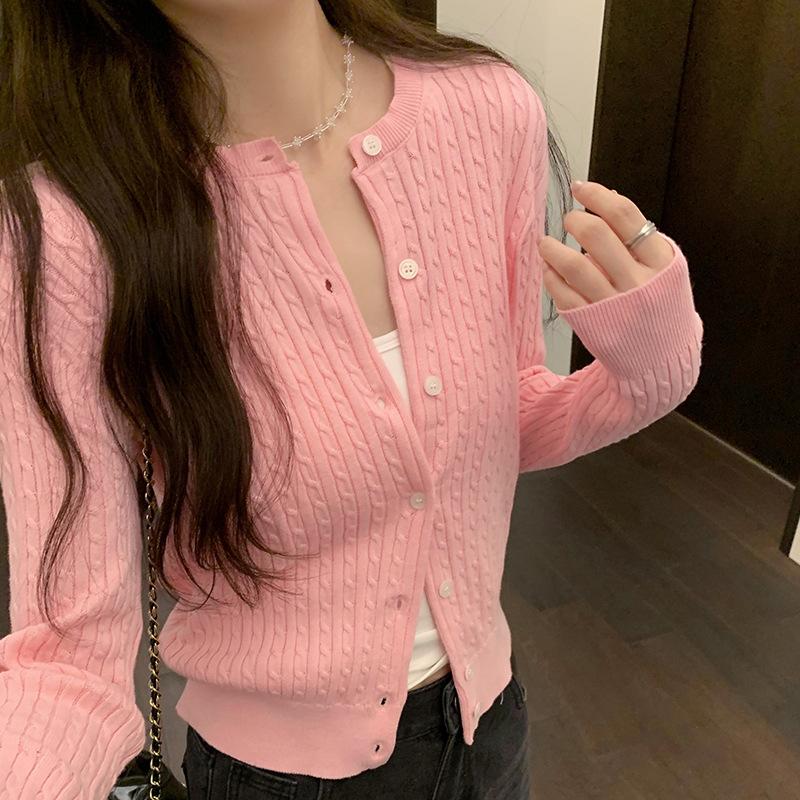 Шикарный вязаный кардиган с длинными рукавами и текстурой Twist для женщин, осенний новый корейский дизайн, короткий топ