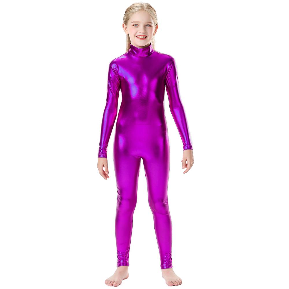 Блестящий металлический комбинезон с воротником-стойкой на молнии сзади, цельный комбинезон с длинными рукавами, детский костюм Wetlook