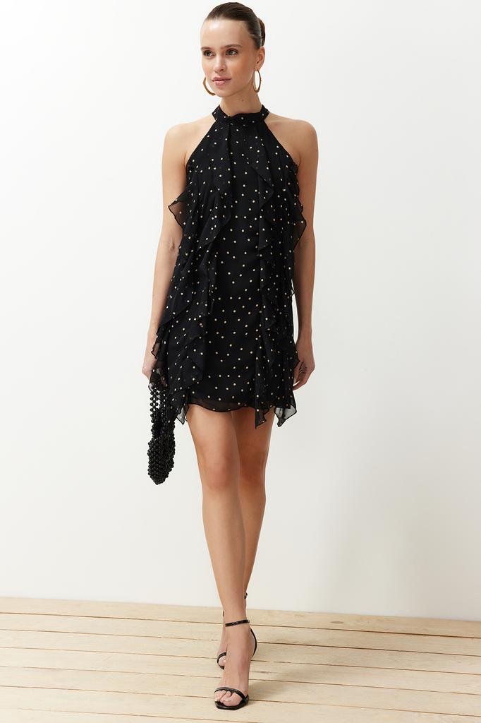 Women's Dress New Season Fashion Black Polka Dot Flounced Chiffon Lined Mini Woven Dress