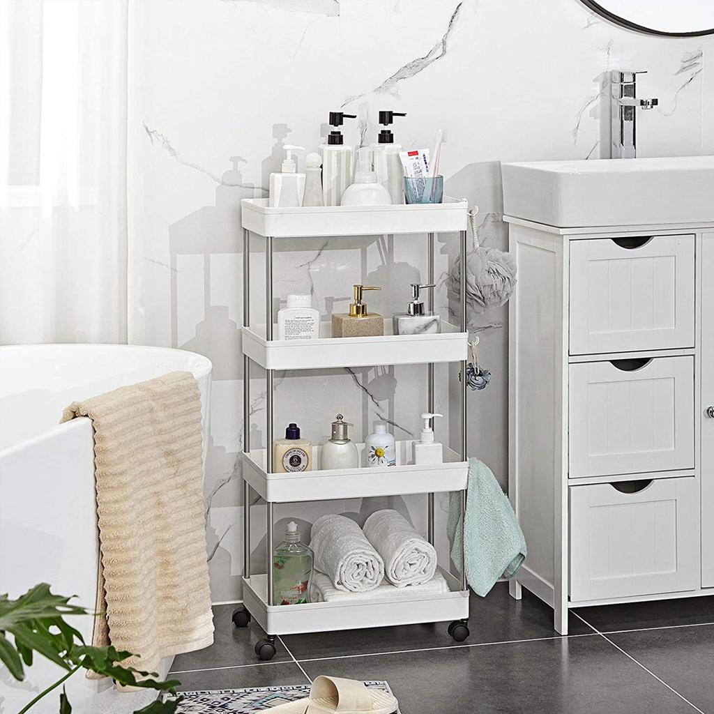 SONGMICS 4-Tier Storage Trolley, Rolling Cart with Wheels, Space-Saving Kitchen Trolley in Office Bathroom, 40 x 22 x 86 cm, White