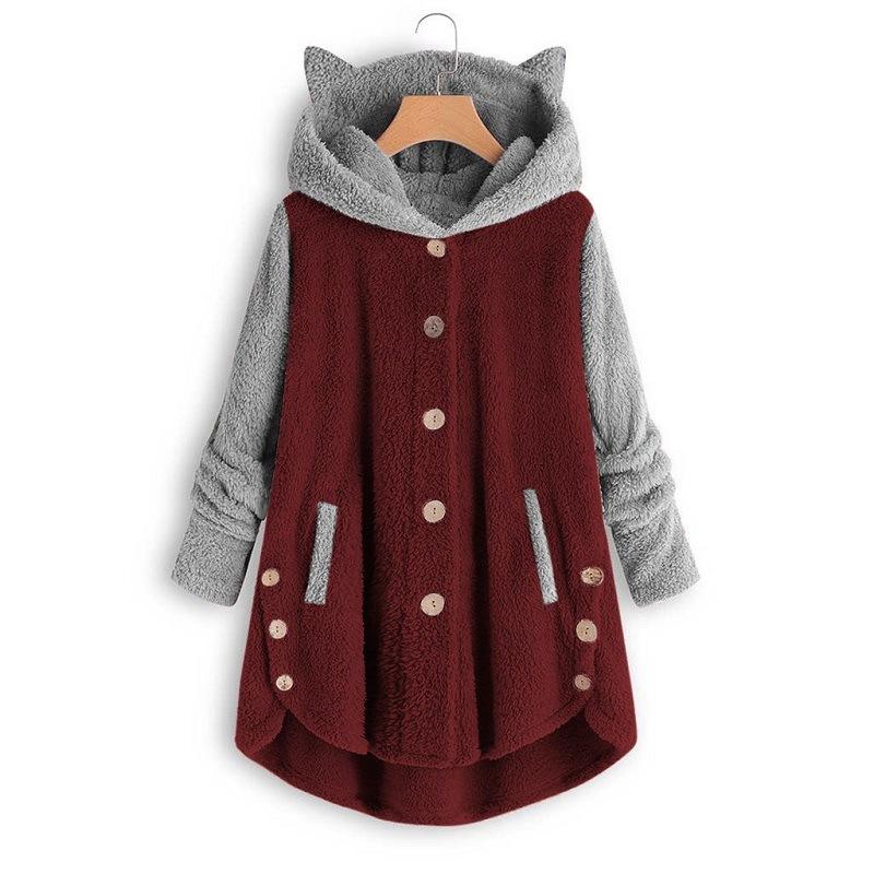 Cat Print Long Hoodies Sweatshirt Women Fleece Warm Button Pocket Pullovers Cat Ear Plus Size Hoodie Top Blouse Sweat Femme Plus Size