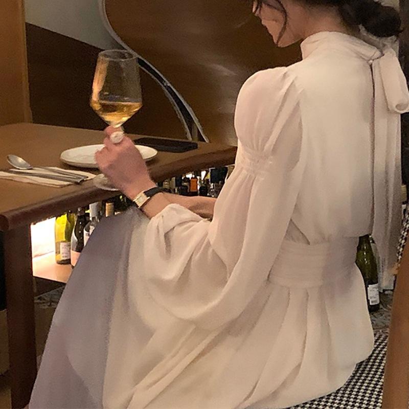 2023 весеннее белое платье миди с высоким воротником, женское элегантное цельное платье с длинным рукавом во французском стиле, корейская мода, дизайн одежды Y2k