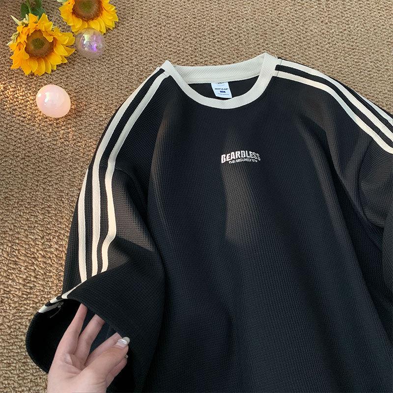 Men's Summer Striped Waffle T-Shirt - Casual, Loose-Fit, Short-Sleeved, Small Collar Sports Top