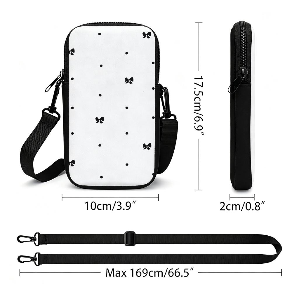 Elegant Black Bowknot Polka Dot Print Crossbody Phone Bag, Chic Ribbon Pattern Mini Shoulder Purse, Festive Holiday Gift Christmas Party Accessory