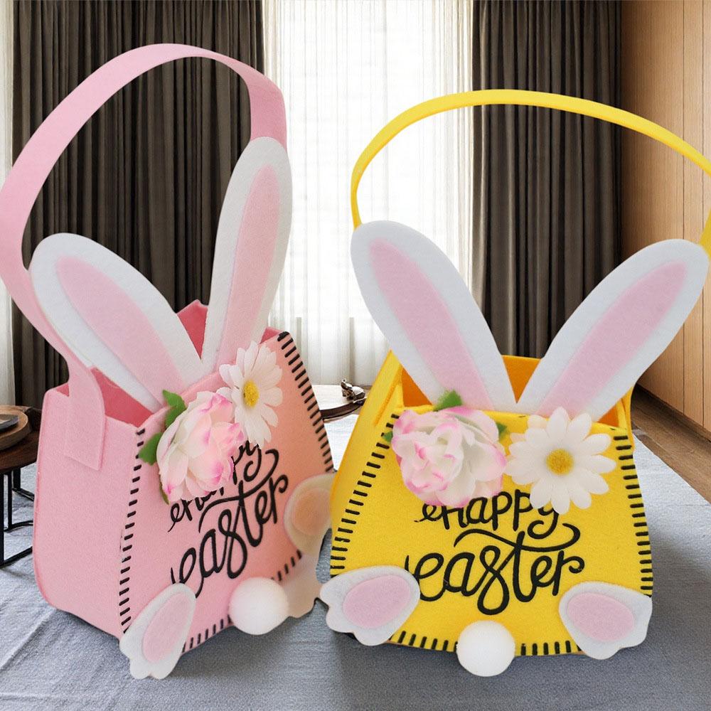 Easter Tote Bag with Handle Reusable Easter Bunny Gift Bag New Happy Easter Handbag Basket Bunny Decorations Simple Storage Bag