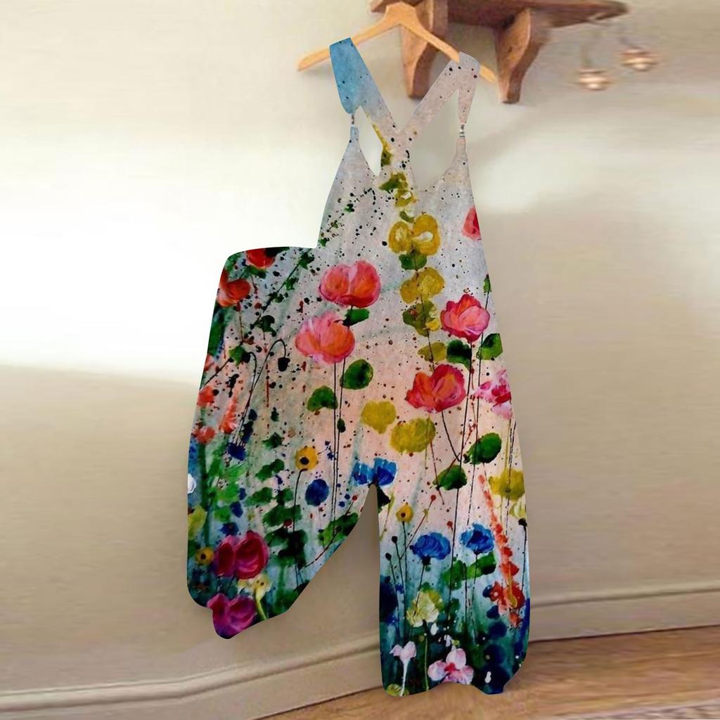 Women's Fashion Summer Sweet Loose Casual Print Retro Strappy Jumpsuit
