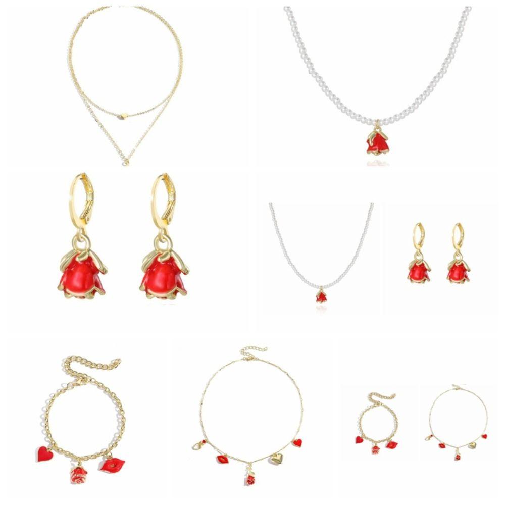 Flower Necklace Earrings Bracelet Zinc Zinc Zinc Alloy Flower Jewelry Rose Necklace  Valentine's Day Gift