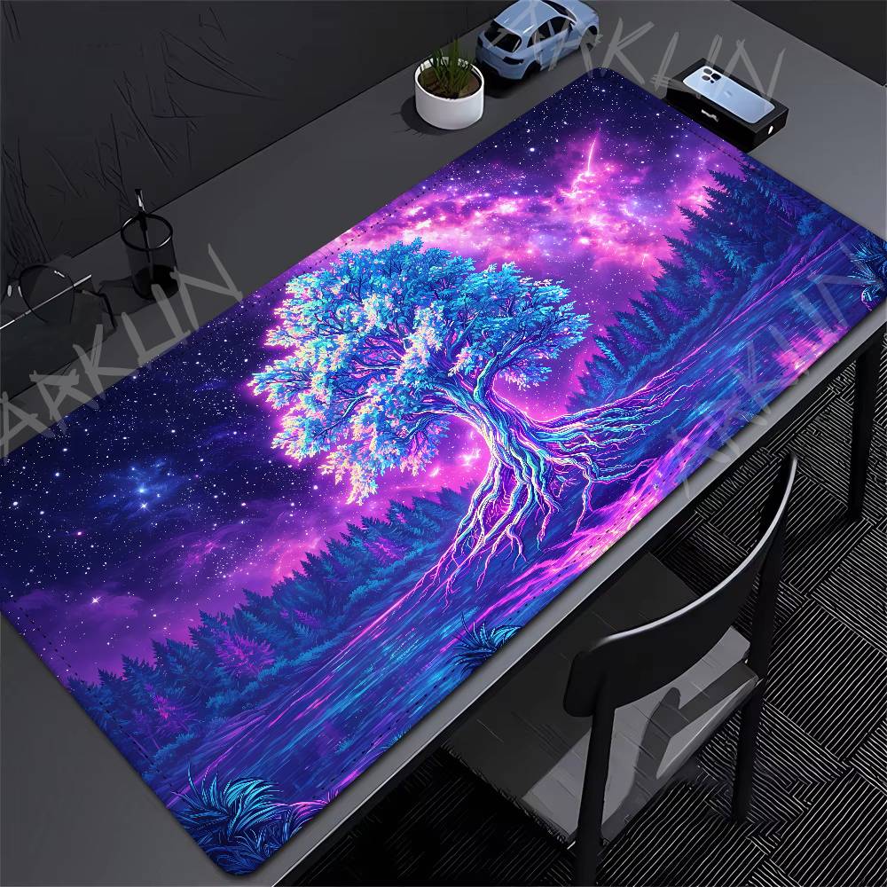 Glowing Neon Tree Of Life Gaming Mouse Pad Psychedelic Galaxy Starry Night Forest Lake Extended Desk Mat Nonslip Gamer Office