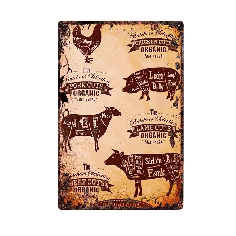 Butcher Shop Vintage Metal Sign Kitchen Poster Beef Pig Duck Meat Cuts Collection Guide Retro Wall Plaque Painting Craft 20x30cm