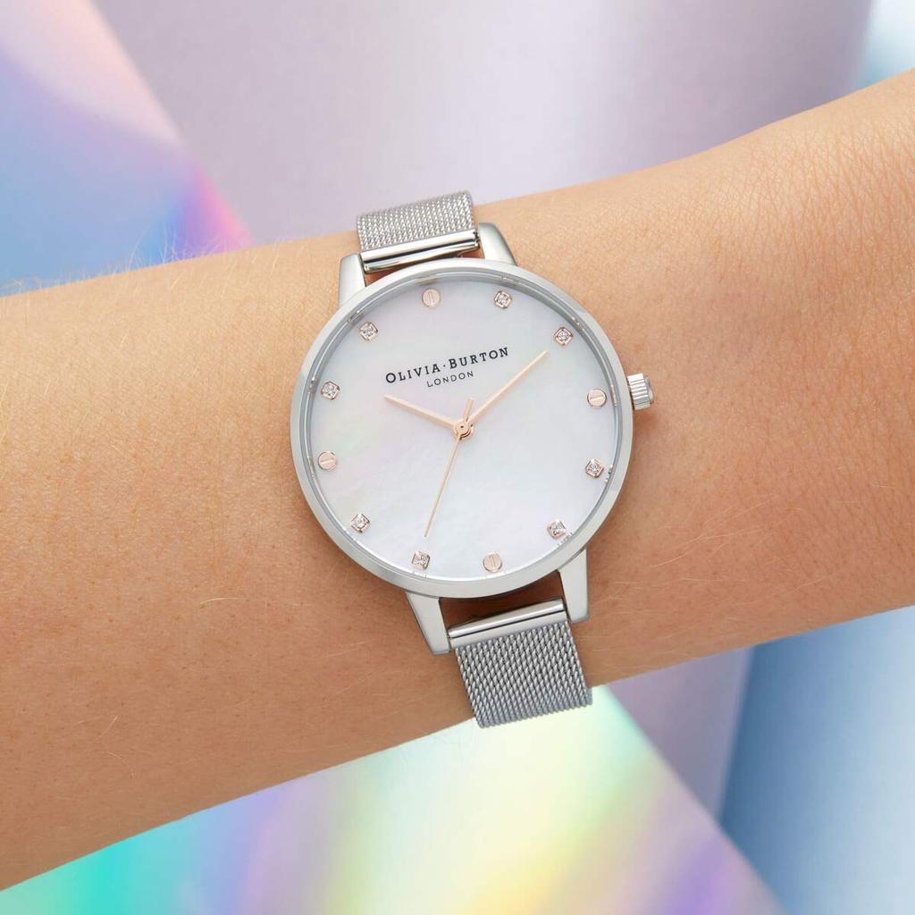 Authorized Distributor [OLIVIA BURTON] Olivia Burton Watch Women's OB16SE07 Classics Demi Mother of Pearl Rose Gold & Silver Mesh