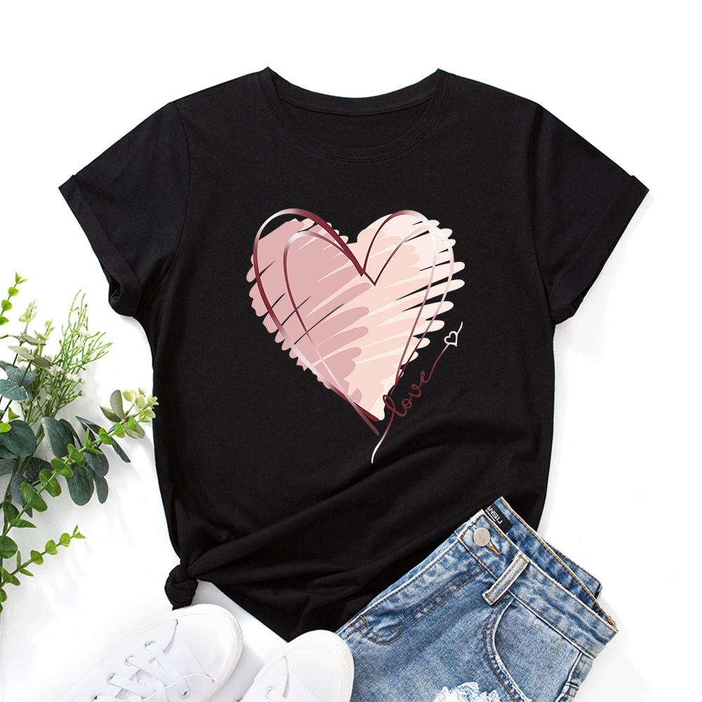 Модная хлопковая футболка с сердцем, с коротким рукавом, с круглым вырезом, женская, с 2D-принтом, топы