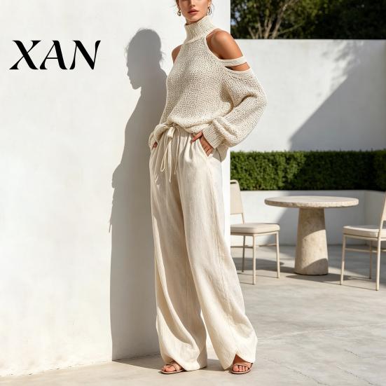 Wide Leg Pants Autumn Women Sweater Set, Cold Shoulder Knit & Elegant Lounge Wear Sets Pants, Solid Color Long Sleeves Top Trousers Two Piece Outfits