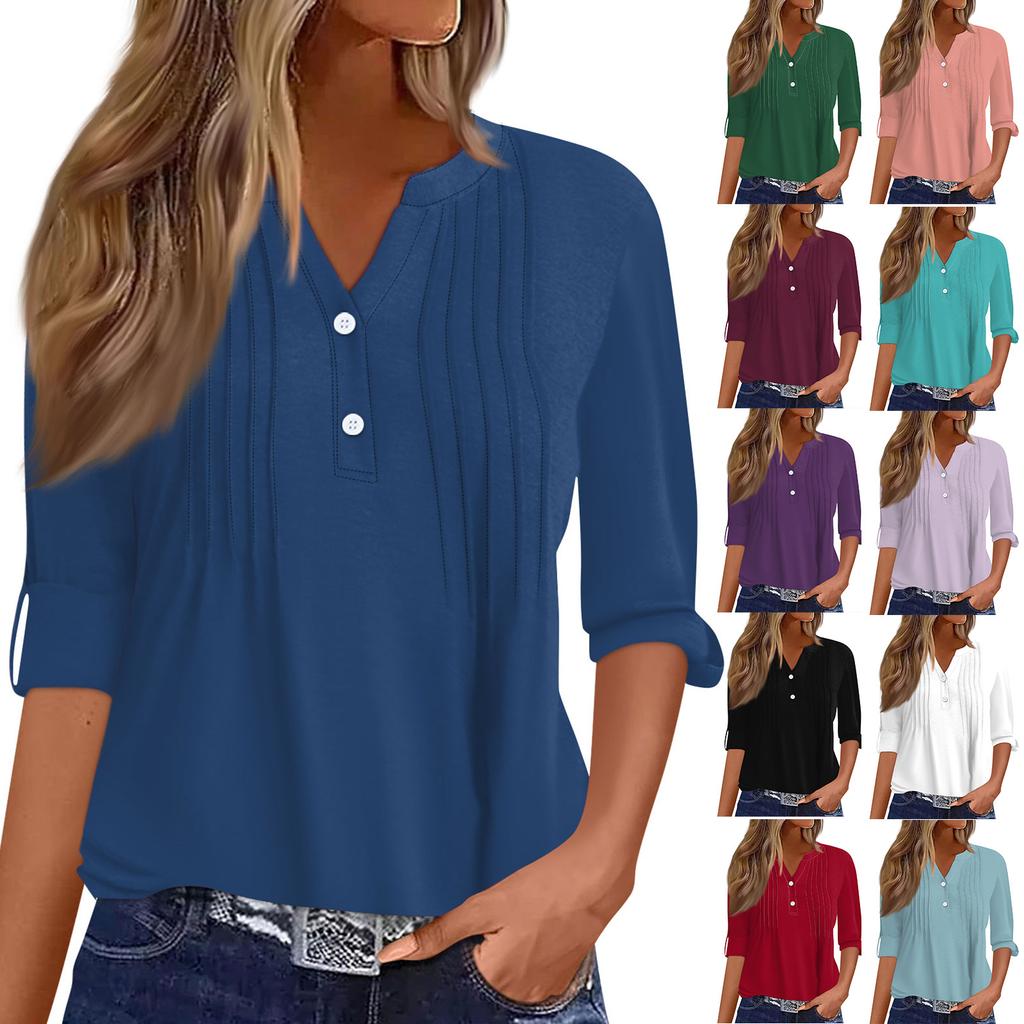 Women's Fashion Casual Solid Colour V-Neck Long Sleeve Button Down T-Shirt Top