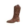 Brown Retro Western Cowboy Boots Women's 2025 New Hollow Mid Boots Embroidered Knight Boots Thick Heel Martin Boots