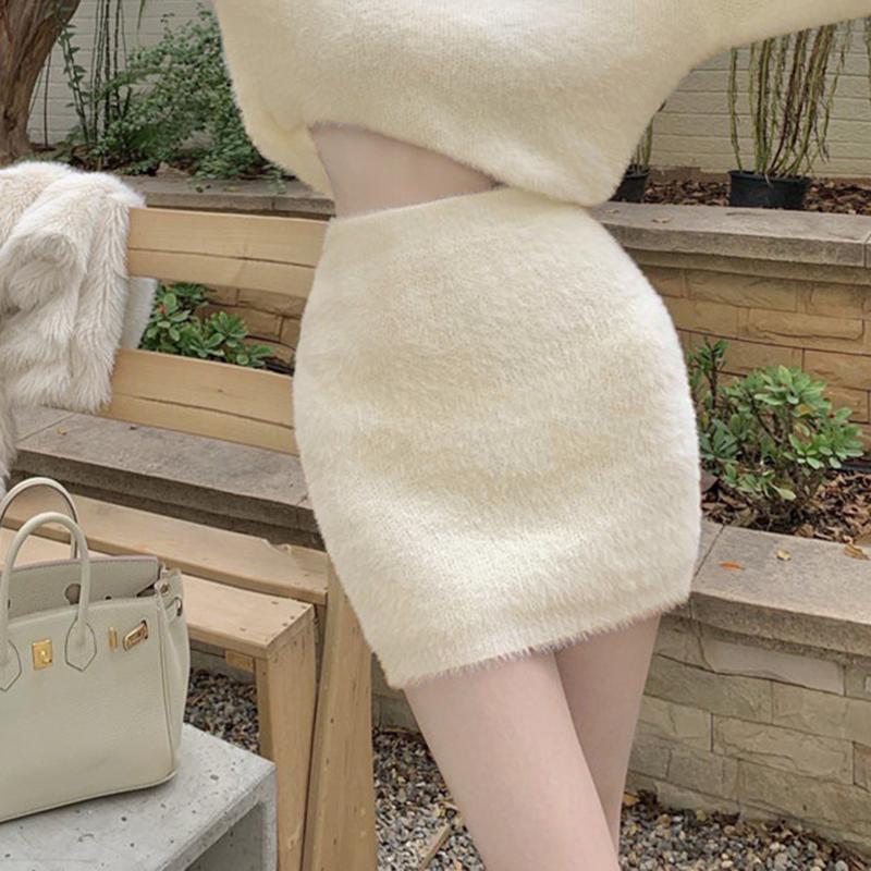 Осень-весна Женская мини-юбка с мехом, тонкая, с высокой талией, с запахом, с черным низом, дикая шерстяная, элегантная, корейская
