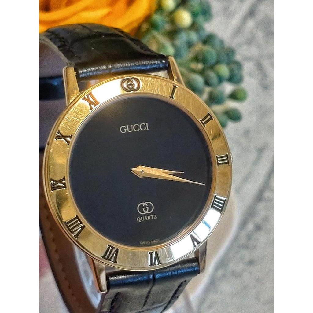 Б/У Рабочие Мужские Часы GUCCI Кварцевые 3001M Черный Циферблат Римские Цифры Кожаный Ремешок Золотой Винтаж