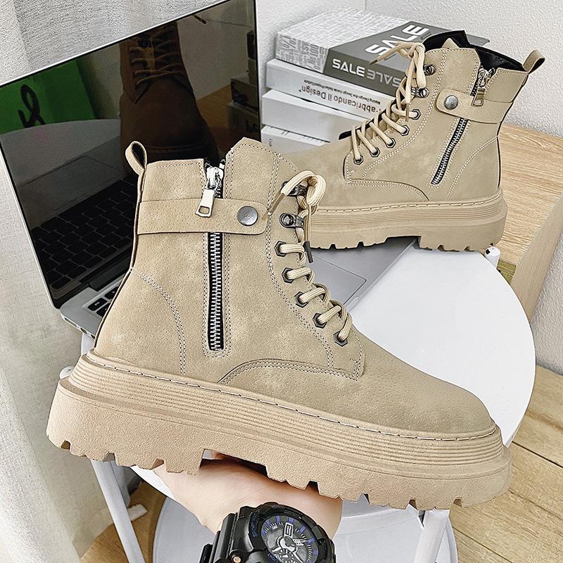 Men's Boots 2024 Autumn Thick Soled Zipper Lace-up Korean Belt Buckle Height Increasing Comfort High Top British Sports Boots