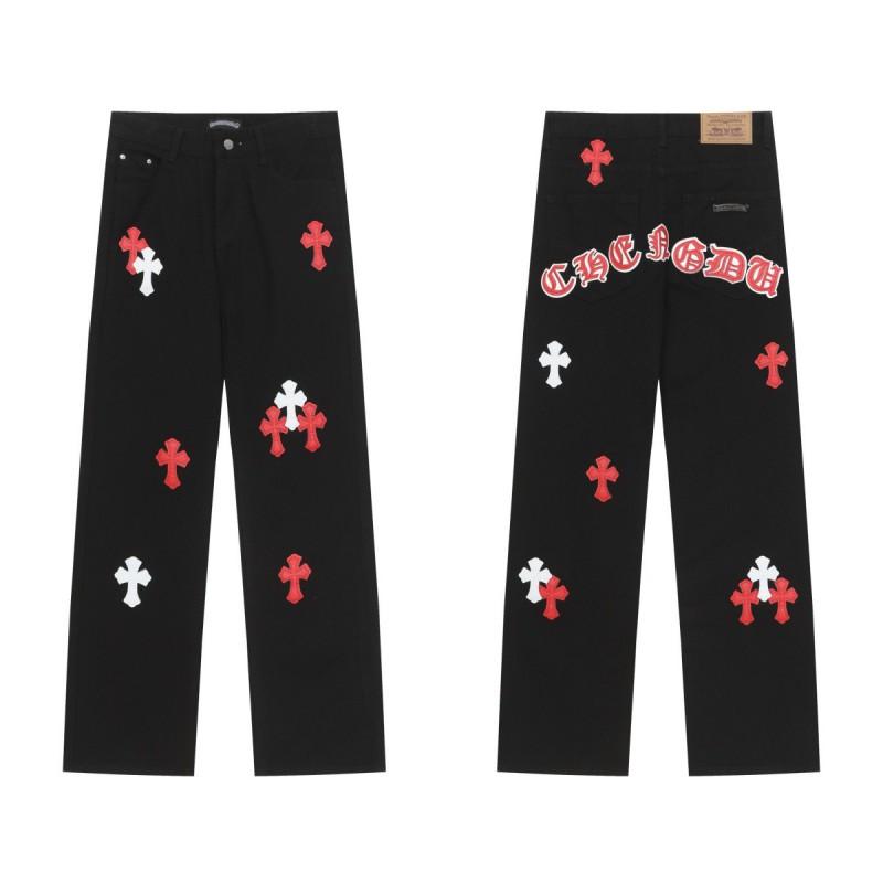 Джинсы AmiriCH из стираного потертого денима с вышитой нашивкой-крестом Streetwear Прямой крой Мужские