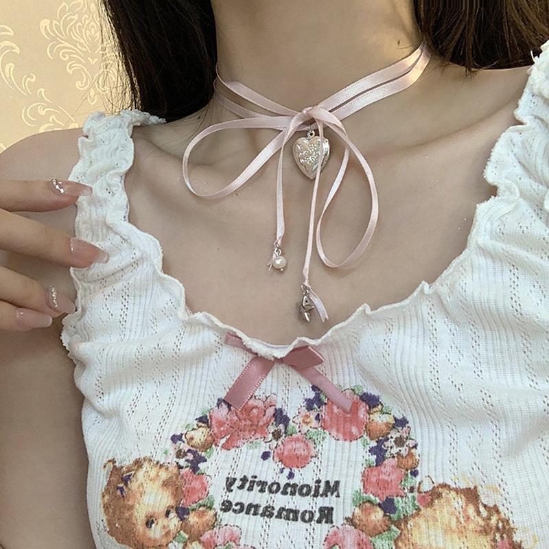 Розовое колье Y2K с подвеской в виде персикового сердца, завязанное веревкой, для женщин, ретро, милое, харадзюку, колье-шарм, ювелирное украшение, подарок