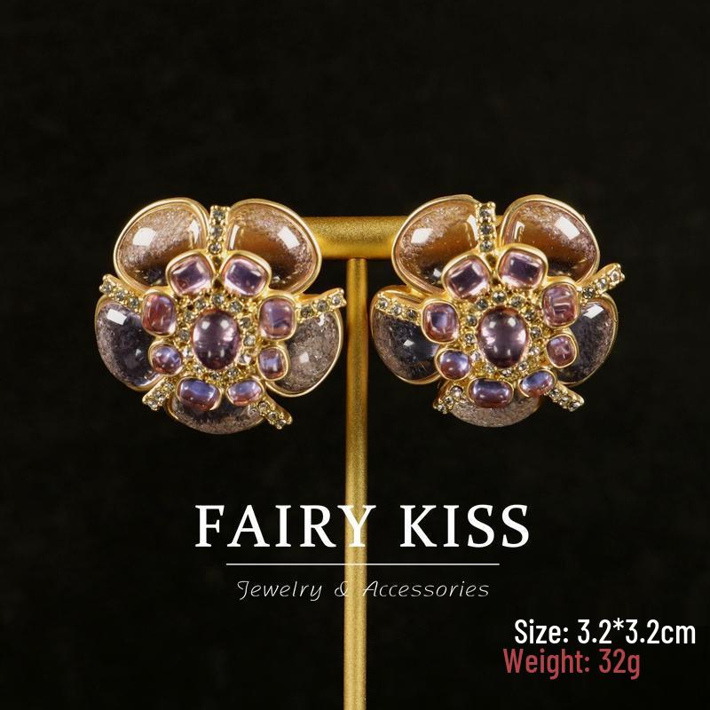 Б/у Фиолетовый набор ювелирных изделий с цветами персика, двойной слой: Ожерелье и серебряные серьги-гвоздики 925 пробы в изысканном придворном стиле.