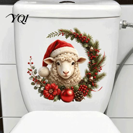 Festive Christmas Restroom Accessories Sheep Toilet Stickers, Self-Adhesive Lamb Lid Decals, Waterproof Decals Xmas Bathroom Decor for Tank Tile Home