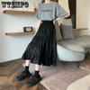 WTEMPO Черная длинная плиссированная юбка в стиле Лолиты в готическом стиле, женские винтажные юбки-миди с высокой талией и оборками в стиле Харадзюку, летняя корейская уличная одежда