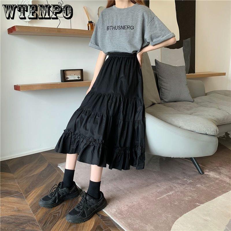 WTEMPO Черная длинная плиссированная юбка в стиле Лолиты в готическом стиле, женские винтажные юбки-миди с высокой талией и оборками в стиле Харадзюку, летняя корейская уличная одежда