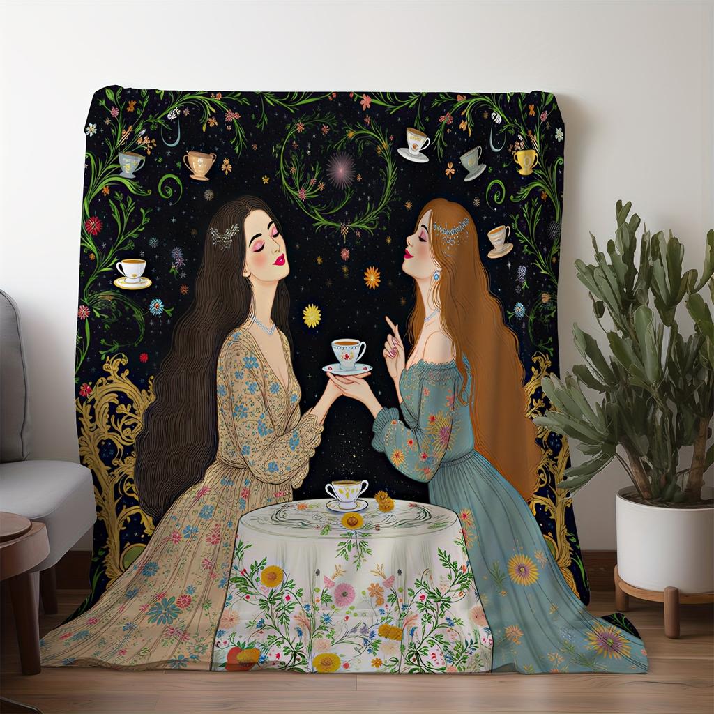 1pc Flannel Blanket, Vintage Tea Cup Print Elegant Women's Drinking Together Design - Warm & Soft Throw for Sofa, Bed, Car, Offi