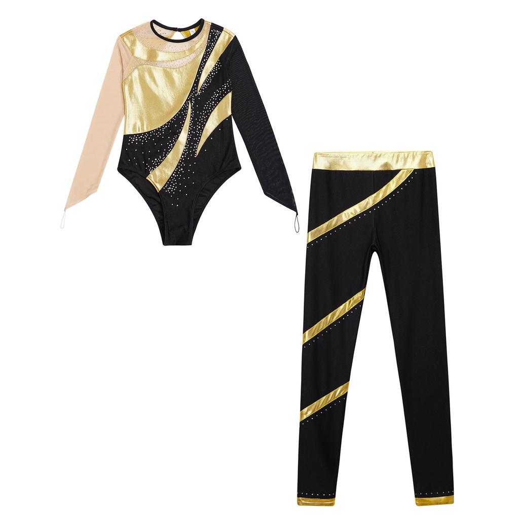 Girls Sparkle Rhinestone Performance Set Cutout Back Long Sleeve Leotard Elastic Waist Pants Dance Outfit