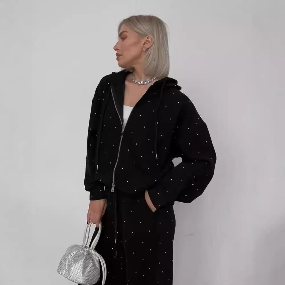 Черные спортивные костюмы женские с молнией Худи Брюки Комплект в горошек Комплекты Спортивная одежда Повседневный наряд Тренировочный костюм