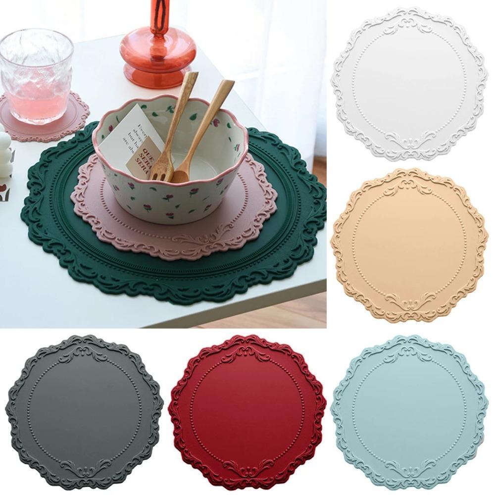 2pcs Lace Round Kitchen Placemat Silicone Coaster Non-slip Cup Mat