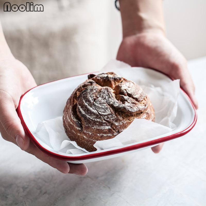 Ретро эмалированный прямоугольный поднос – Красный и синий ободок, тарелка для выпечки и обеда для домашнего использования