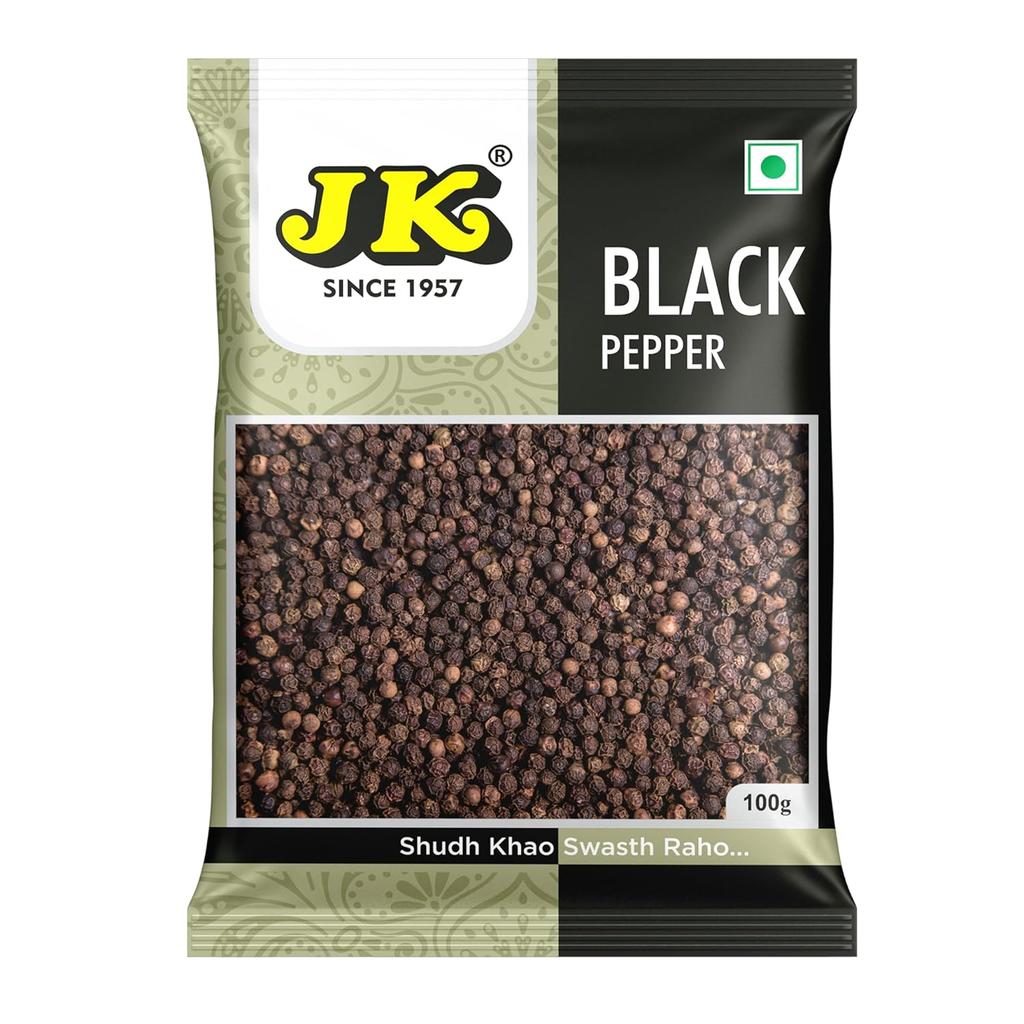 JK Black Pepper Whole – высококачественный черный перец горошком, натуральная специя для приготовления пищи, ароматная и свежая, 100 г | Kali Mirch | Gol Mirch Whole (100 г Упаковка 1 шт.)